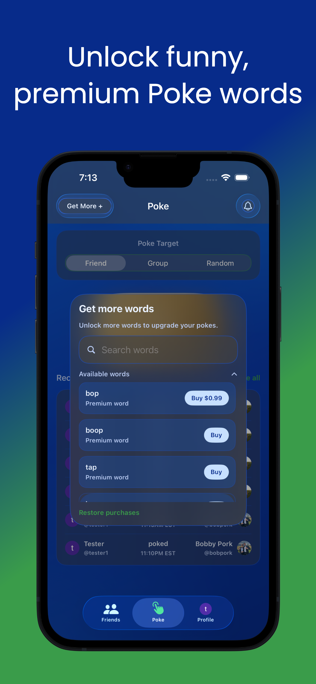 Unlock funny, premium Poke words
